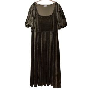 Polagram Velvet Moss Green Square Neck Puff Sleeve Midi Dress Size 3XL Party